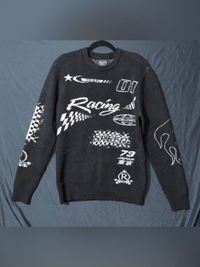 RGSTR Men's Small Black/White Graphic Knit Crewneck Pullover Racing Sweater Y2K